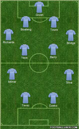 Dzeko, Tevez, Silva, Milner, Yaya, Barry, Bridge, Richards, Toure, Boateng, 