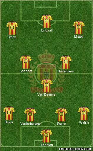 Yellow Red KV Mechelen 4-1-2-3 football formation